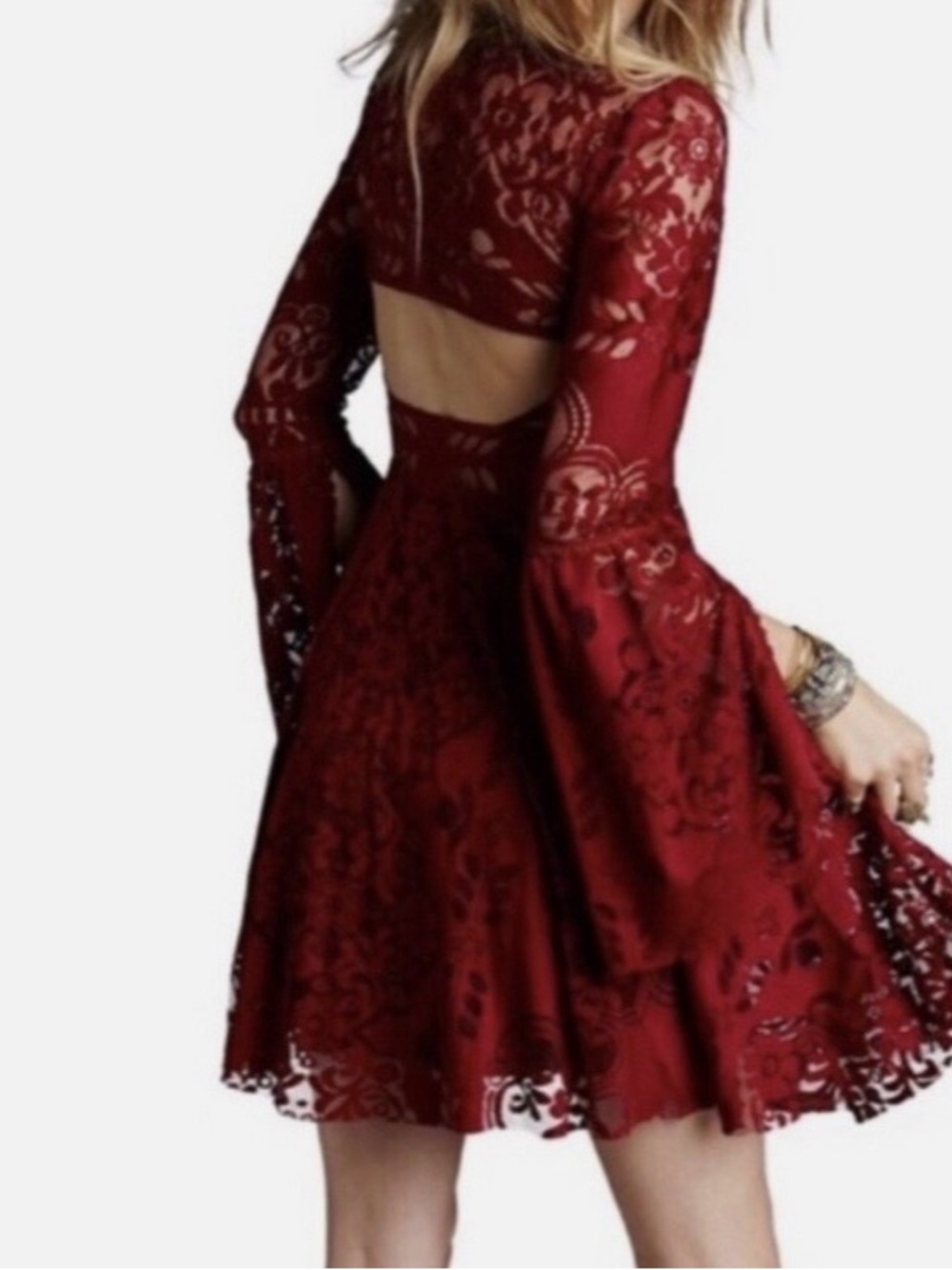 FREE PEOPLE Bell Sleeve Lace Cutout Back Mini Dress Burgundy NWOT Sz 8 Romantic - Picture 2 of 13